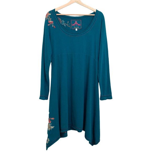 Johnny Was Dresses & Skirts - JOHNNY WAS Teal Blue Embroidered Asymmetrical Hem Boho Dress